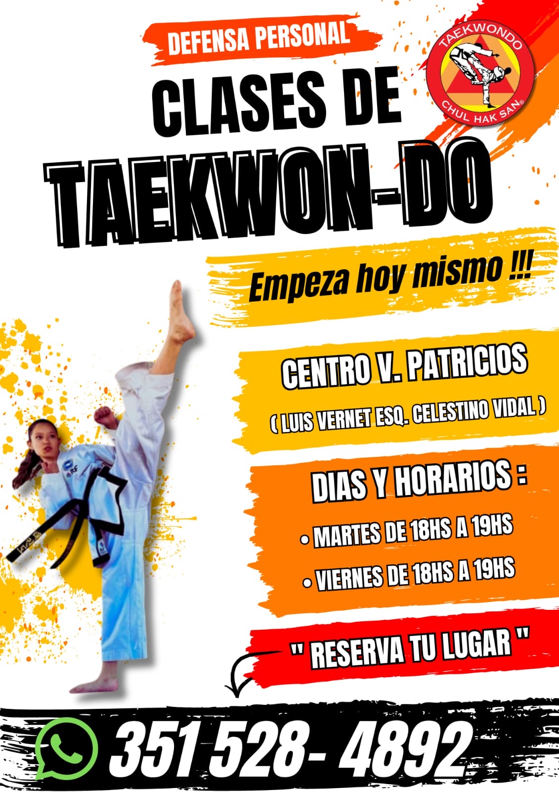Flyer de las clases de Taekwondo y defensa personal de la profesora Priscila
