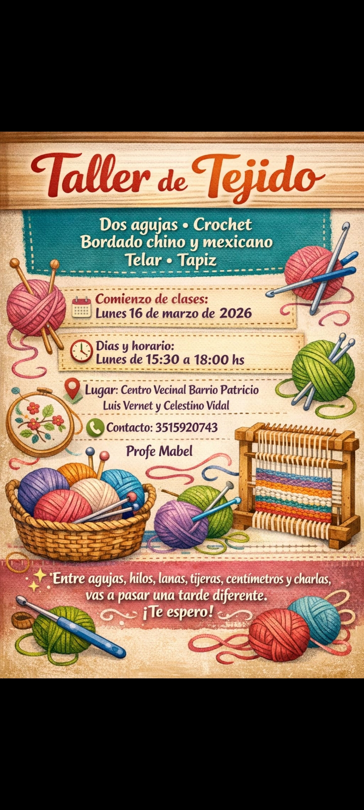 Información del taller de tejido de Mabel