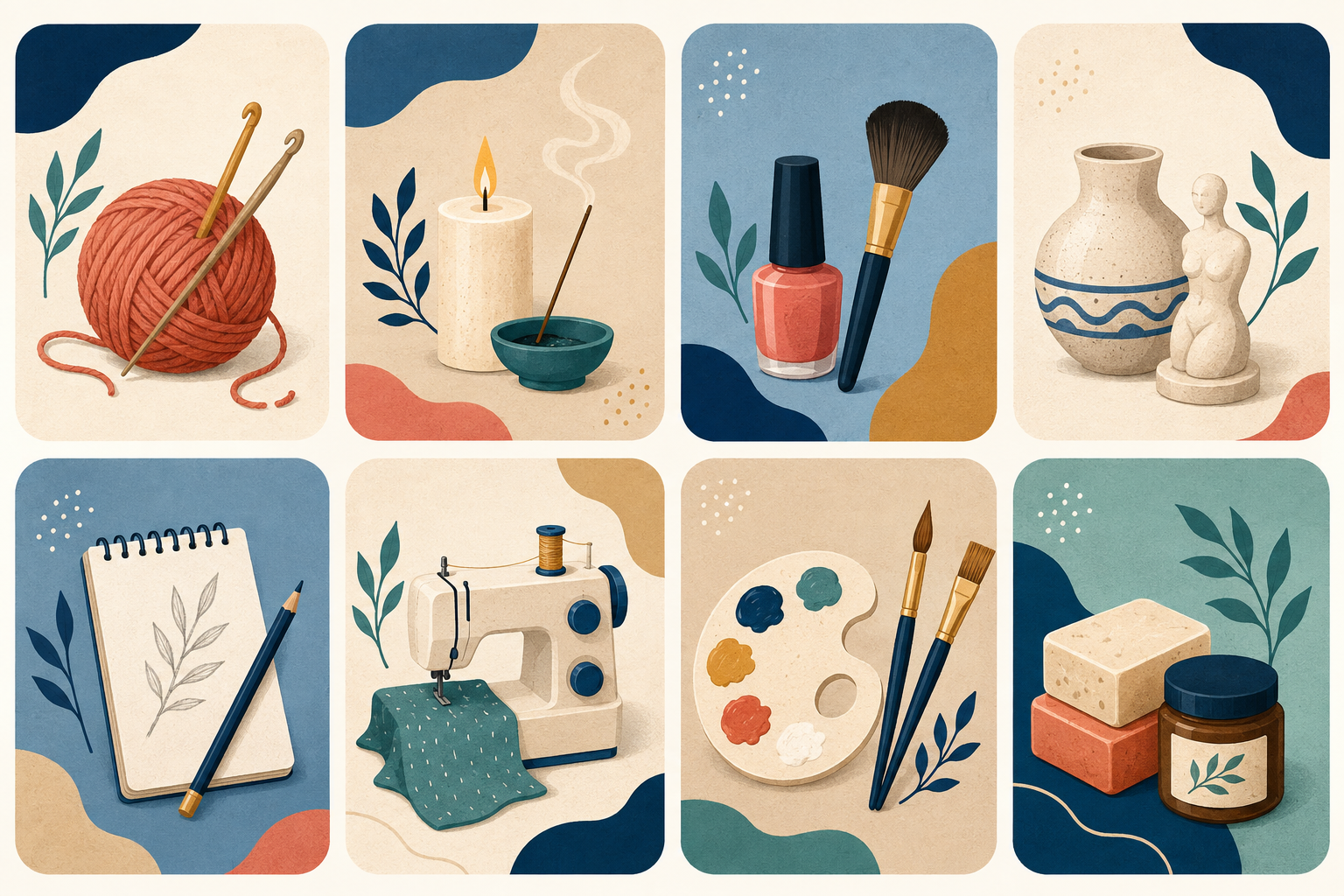 Ilustración de los talleres de tejido, velas, uñas y maquillaje, cerámica, dibujo para niños, costura, pintura, jabones y cosméticos